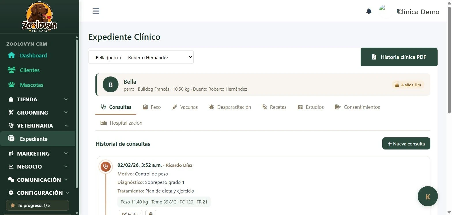 Expediente veterinario de Zoolovyn con historial clínico en línea de tiempo